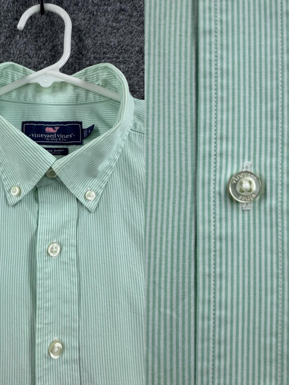 Vineyard Vines Logo Large Cotton Men Whale Green White Button-Down Striped Shirt